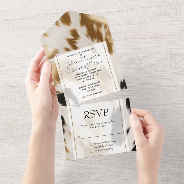 Cream Black Gold Western Cowhide All In One Invitation (Tearaway)
