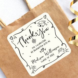 Cream Black Hand Drawn Doodle Graduation Thank You Square Sticker