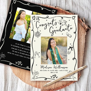 Cream Black Hand Drawn Doodles Graduation 5 Photo Announcement