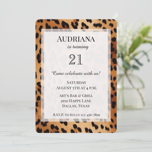 Cream Black Leopard Animal Print Birthday Invitation (Standing Front)