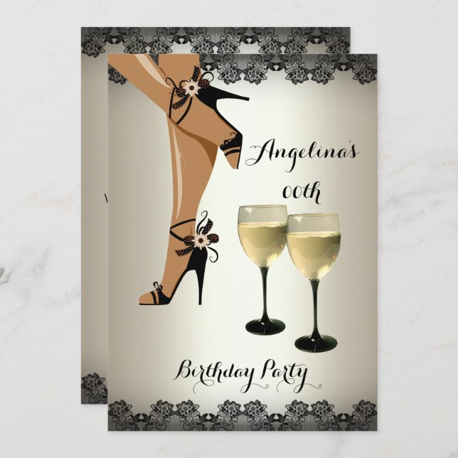 Cream Black Shoes Wine Glass Birthday Party Invitation (Front/Back)