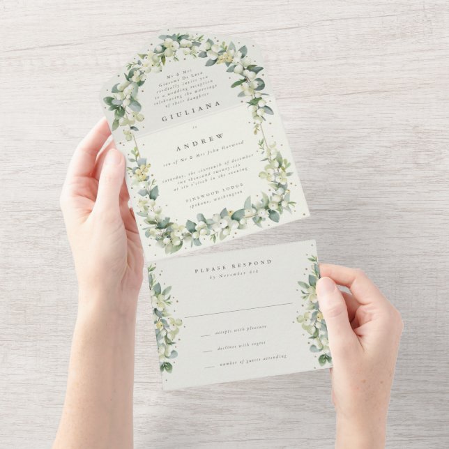 Cream/Black Snowberry+Eucalyptus Reception Only All In One Invitation (Tearaway)