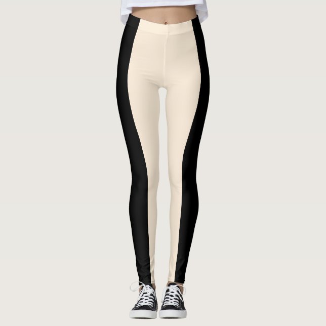 Cream & Black Stripe Modern Chic Lounge Gym Leggings (Front)