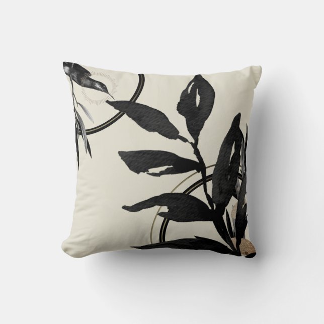Cream & Black Watercolor Leaves Throw Pillow (Front)
