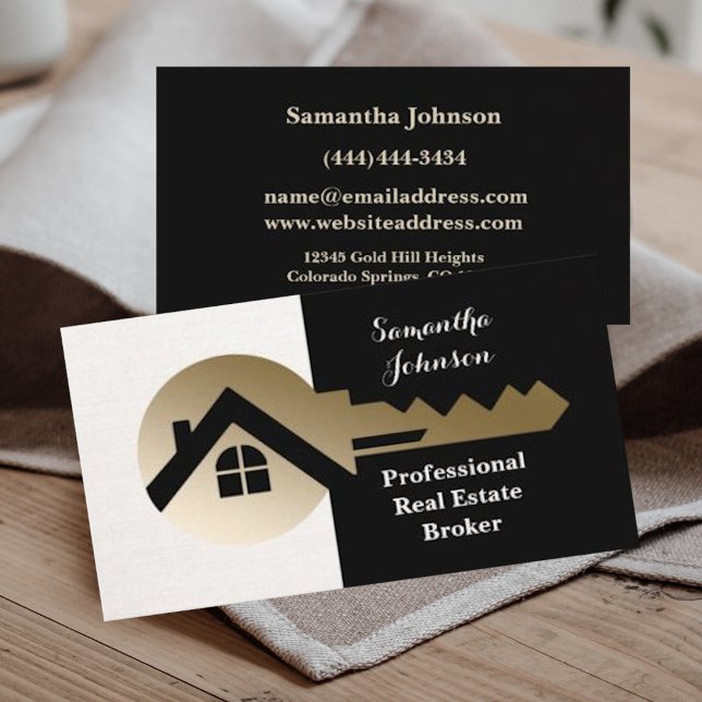 Cream Blk Linen Gold Key Real Estate Business Card (Creator Uploaded)