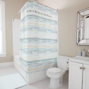 Cream Blue Beach Ocean Waves Shower Curtain