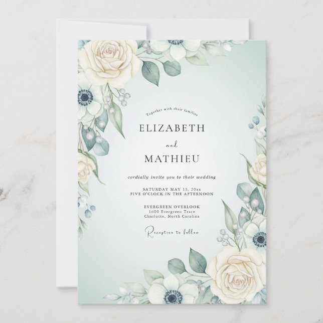 Cream Blue Botanical Romance Wedding Invitation (Front)