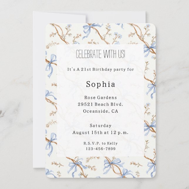 Cream Blue Bows Invitation (Front)