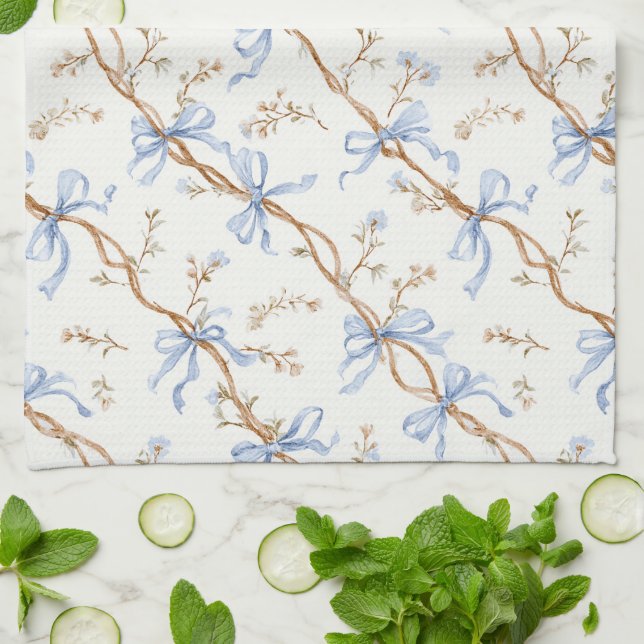 Cream Blue Bows Tea Towel (Folded)