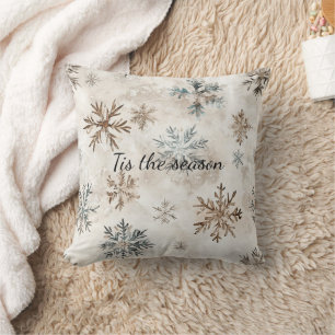 Cream Blue Brown Snowflakes Christmas Cushion