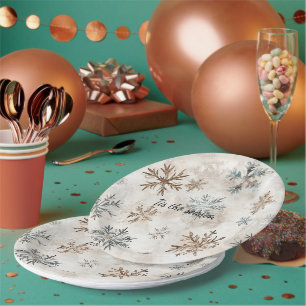 Cream Blue Brown Snowflakes Christmas Paper Plate