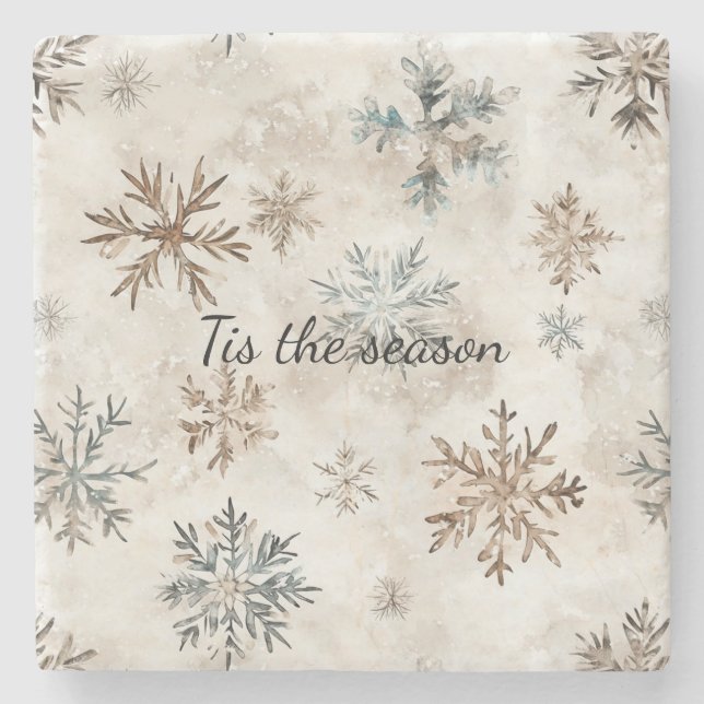 Cream Blue Brown Snowflakes Christmas Stone Coaster (Front)