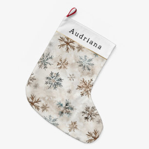Cream Blue Brown Snowflakes   Large Christmas Stocking