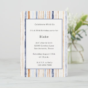 Cream Blue Brown Stripes Birthday Invitation