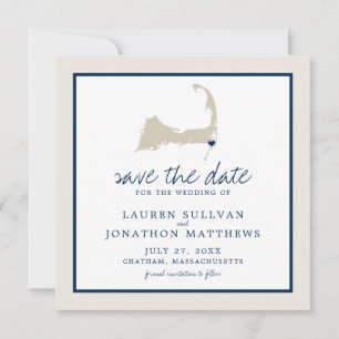 Cream Blue Cape Cod Map Wedding Save the Date
