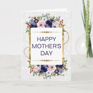 Cream & Blue Flowers & Gold Glitter Mother's Day Card