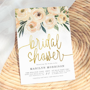 Cream & Blue Flowers Gold Script Bridal Shower Invitation