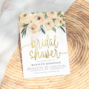 Cream & Blue Flowers Gold Script Bridal Shower Invitation