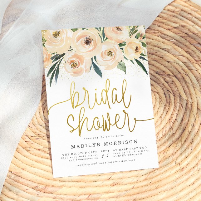 Cream & Blue Flowers Gold Script Bridal Shower Invitation (Creator Uploaded)