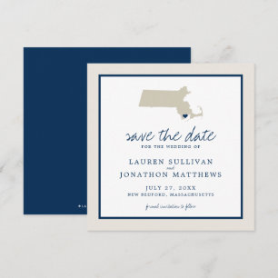 Cream Blue Massachusetts Map Wedding Save the Date