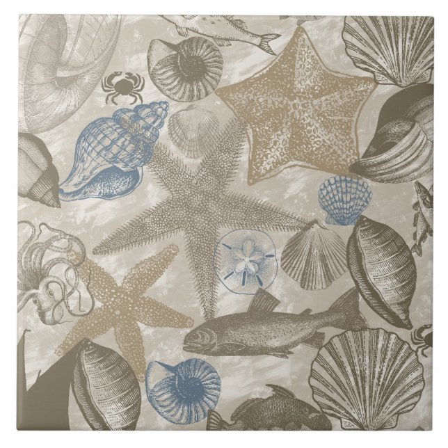 Cream Blue Ocean Beach Shells Tile (Front)