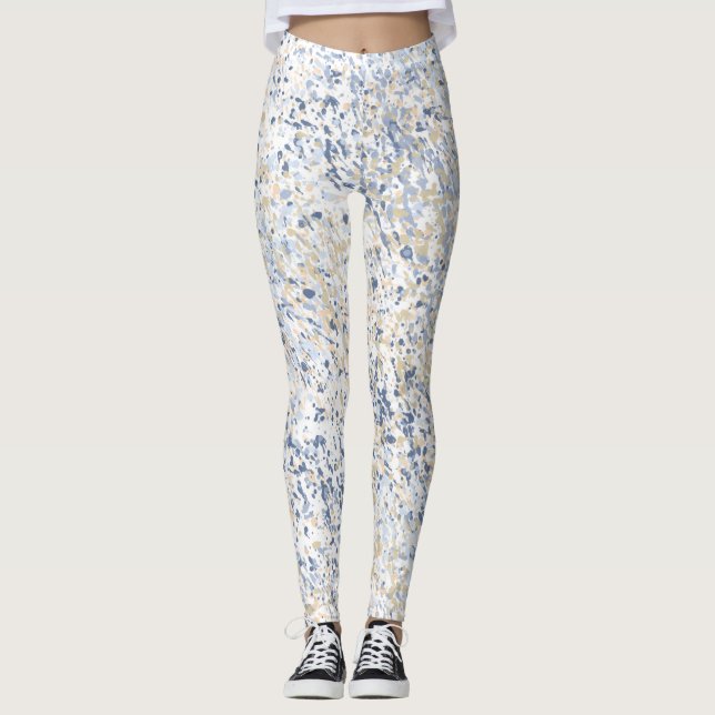 Cream Blue Paint Splatter Abstract Leggings (Front)
