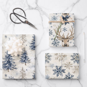 Cream Blue Snowflakes Deer Christmas Wrapping Paper Sheet