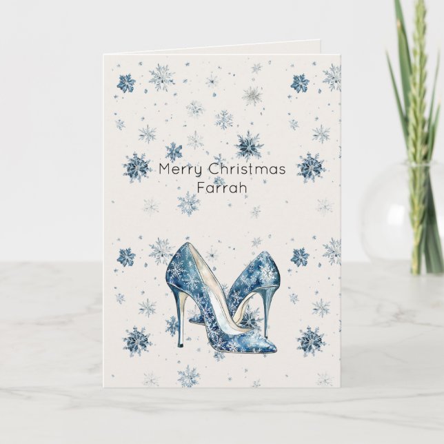 Cream Blue Snowflakes High Heels Card (Front)