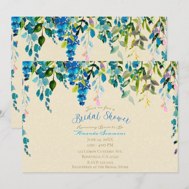 Cream Blue Watercolor Floral Flowers Bridal Shower Invitation (Front/Back)