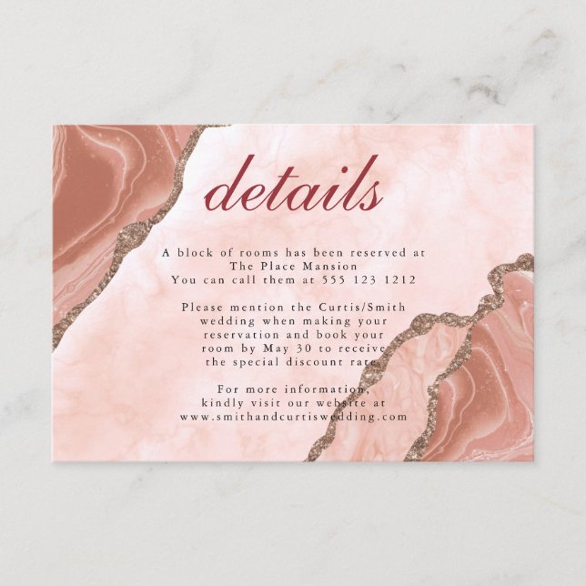 Cream Blush Agate Soft Pink Gold Wedding Details Enclosure Card (Front)