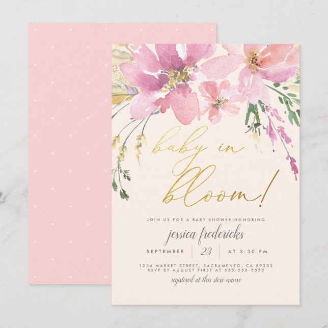 Cream Blush Gold Baby in Bloom Floral Baby Shower Invitation (Front/Back)