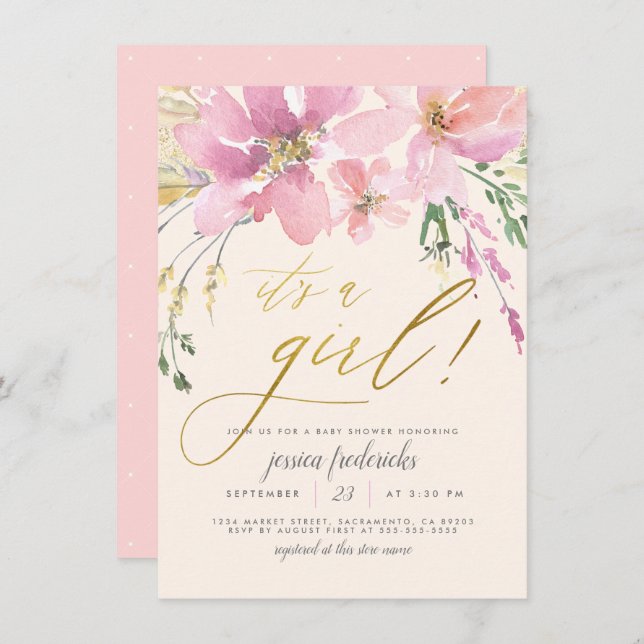 Cream Blush & Gold It's A Girl Floral Baby Shower Invitation (Front/Back)
