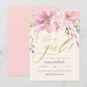 Cream Blush & Gold It's A Girl Floral Baby Shower Invitation