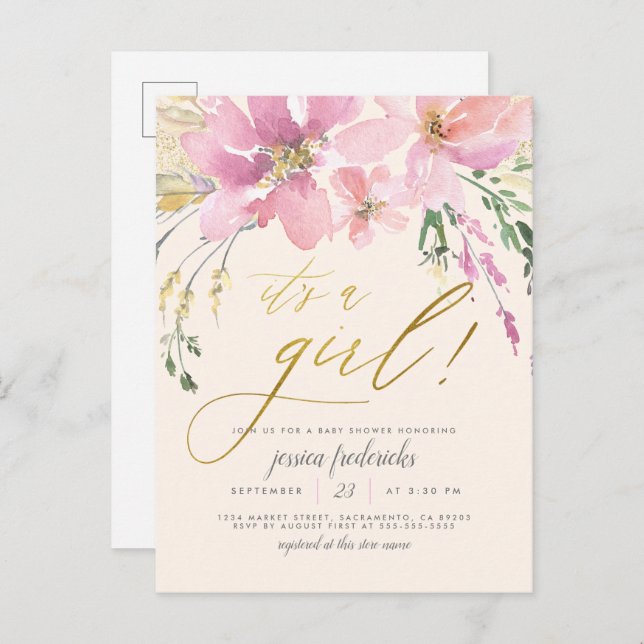 Cream Blush & Gold It's A Girl Floral Baby Shower Invitation Postcard (Front/Back)