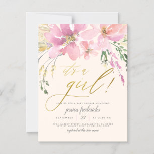 Cream Blush & Gold It's A Girl Floral Baby Shower Magnetic Invitation