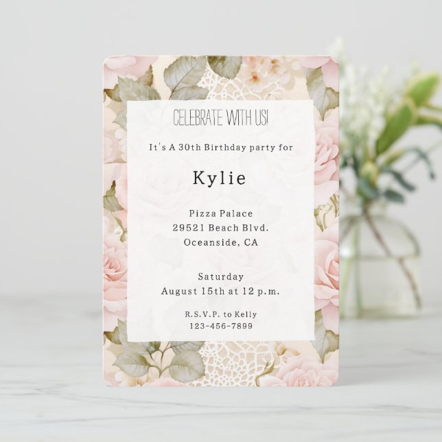 Cream Blush Pink Roses Floral Birthday   Invitation (Standing Front)