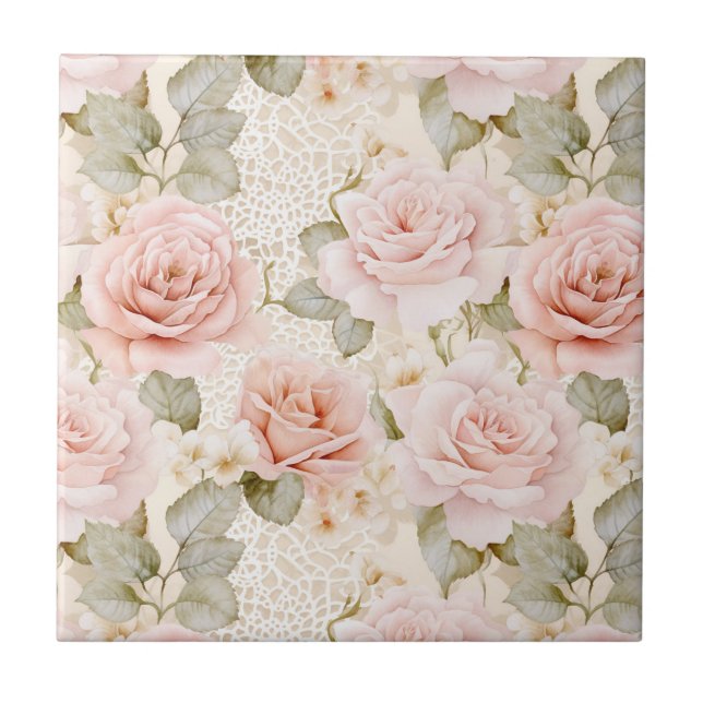 Cream Blush Pink Roses Floral Bridal Shower Ceramic Tile (Front)