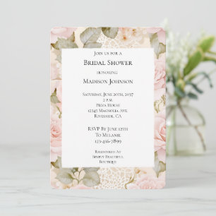 Cream Blush Pink Roses Floral Bridal Shower Invitation