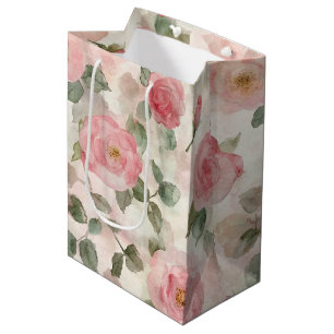 Cream Blush Pink Roses Floral Bridal Shower Medium Gift Bag