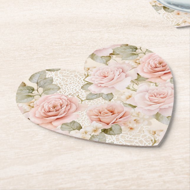 Cream Blush Pink Roses Floral Bridal Shower Paper Coaster (Angled)