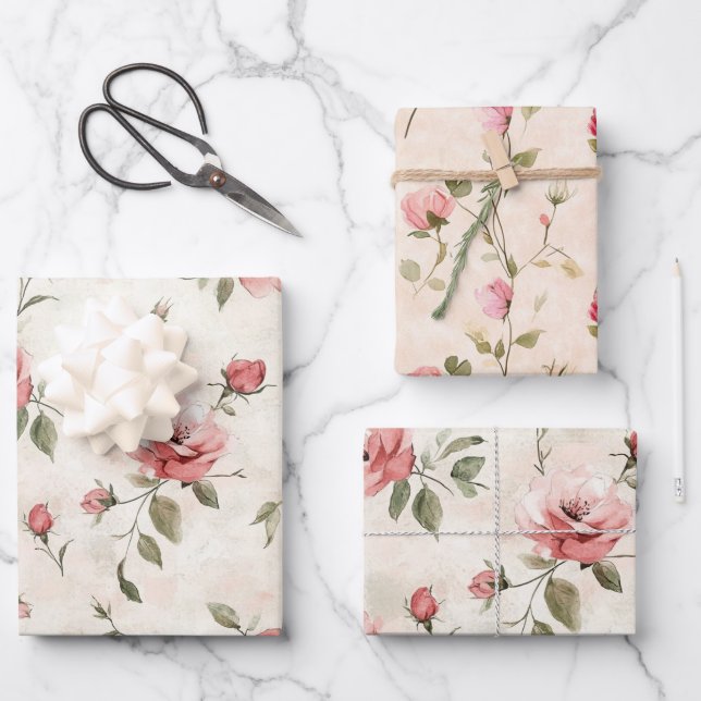 Cream Blush Pink Roses Floral Bridal Shower Wrapping Paper Sheet (Front)