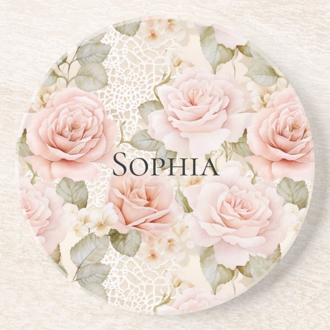 Cream Blush Pink Roses Floral   Coaster (Front)