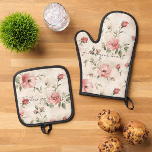Cream Blush Pink Roses Floral Oven Mitt & Pot Holder Set
