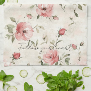 Cream Blush Pink Roses Floral Tea Towel