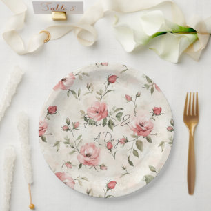 Cream Blush Pink Roses Floral Wedding Paper Plate