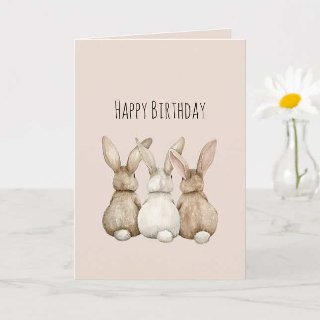 Cream Blush Three Cute Bunny Rabbits Birthday Card (Small Plant)