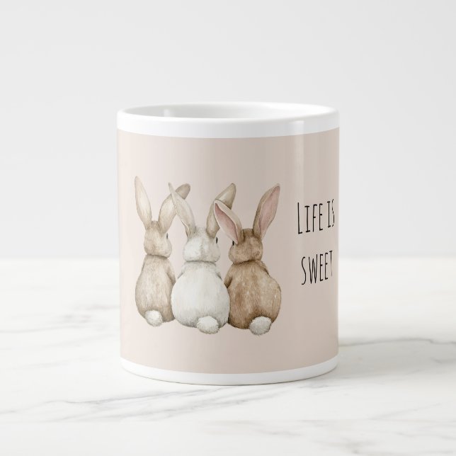 Cream Blush Three Cute Bunny Rabbits Large Coffee Mug (Front)