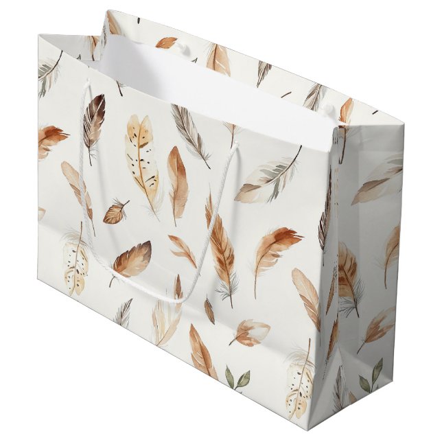 Cream Boho Feathers Birthday Large Gift Bag (Front Angled)