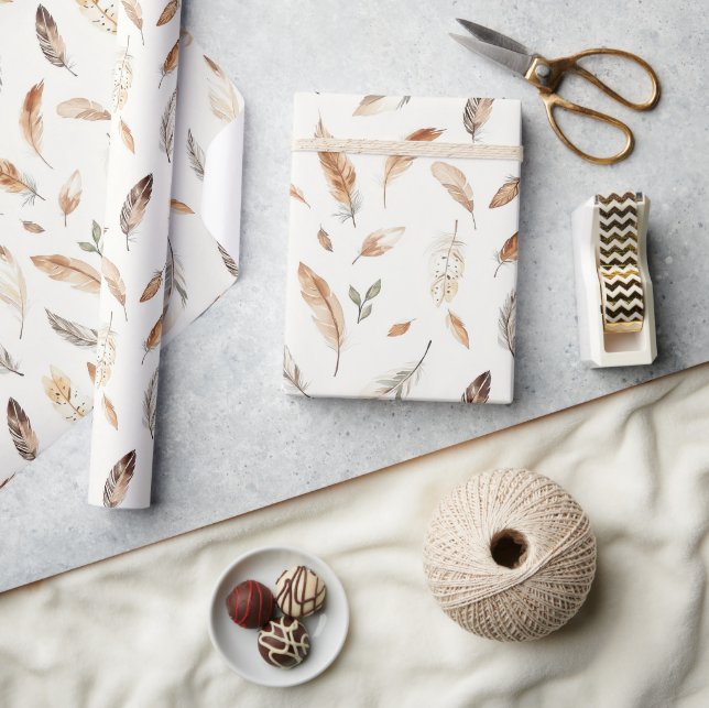 Cream Boho Feathers Birthday Wrapping Paper (Crafts)