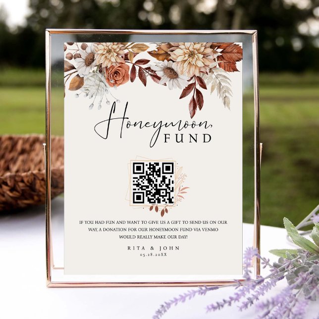 Cream Boho Honeymoon Fund QR Code Wedding Sign (Creator Uploaded)